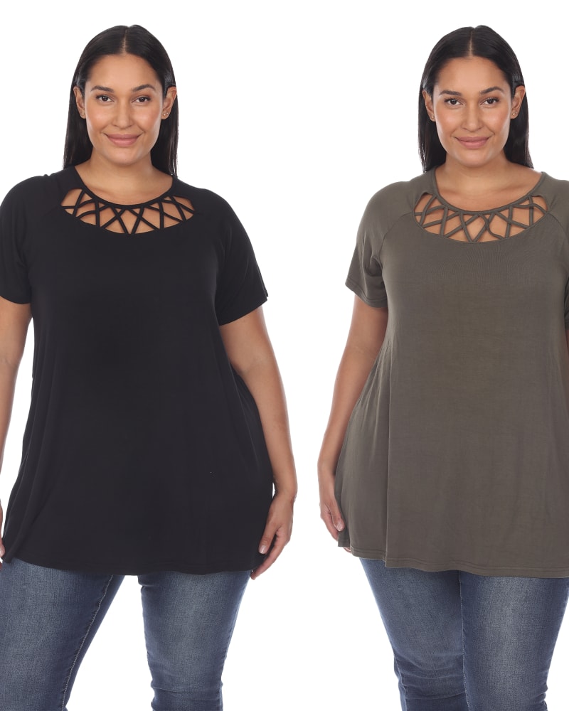 Front of a model wearing a size 1X Essential 2 Pack Crisscross Short Sleeve Top in Black Olive by White Mark. | dia_product_style_image_id:249977
